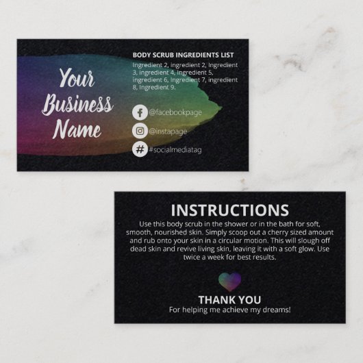 Olievlek op de zwarte injectienaaldinstructies visitekaartje (Voorkant / Achterkant)