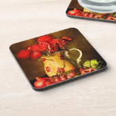 Olievlekken van rode bloemen en verse vruchten bier onderzetter (Linkerzijde)