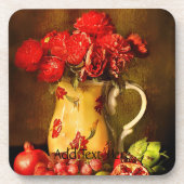 Olievlekken van rode bloemen en verse vruchten bier onderzetter (Voorkant)