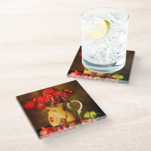 Olievlekken van rode bloemen en verse vruchten glazen onderzetter
