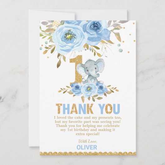 Olifant 1e Verjaardag Blauwe Bloemen Bedankkaart (Voorkant)