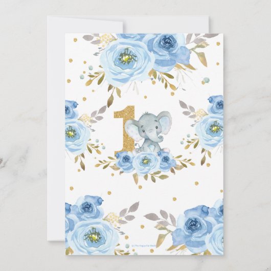 Olifant 1e Verjaardag Blauwe Bloemen Bedankkaart (Achterkant)