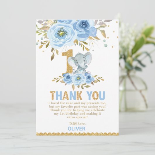 Olifant 1e Verjaardag Blauwe Bloemen Dankjewel Kaa Kaart (Staand voorkant)