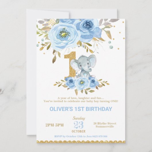 Olifant 1e verjaardag Blauwe Bloemen Jongen Kaart (Voorkant)