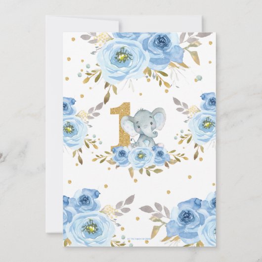 Olifant 1e verjaardag Blauwe Bloemen Jongen Kaart (Achterkant)