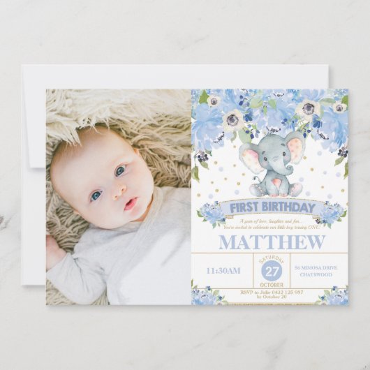 Olifant 1e verjaardag blauwe bloemenjongen foto kaart (Voorkant)