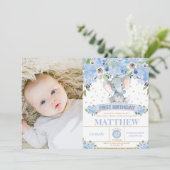 Olifant 1e verjaardag blauwe bloemenjongen foto kaart (Staand voorkant)