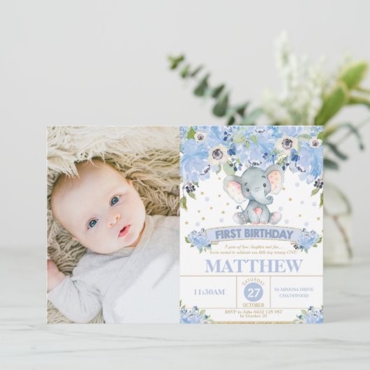 Olifant 1e verjaardag blauwe bloemenjongen foto kaart (Staand voorkant)