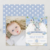 Olifant 1e verjaardag blauwe bloemenjongen foto kaart (Voorkant / Achterkant)