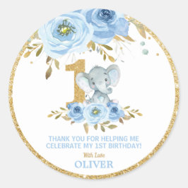Olifant 1e verjaardag Blauwe bloemige bedank favor Ronde Sticker