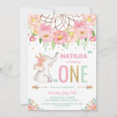 Olifant 1e Verjaardag Boho Roze Bloemen Meisje Kaart (Voorkant)