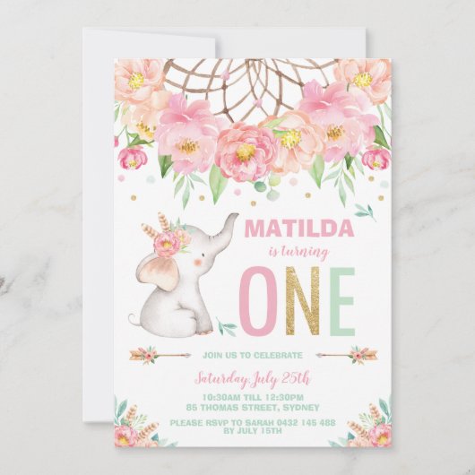 Olifant 1e Verjaardag Boho Roze Bloemen Meisje Kaart (Voorkant)