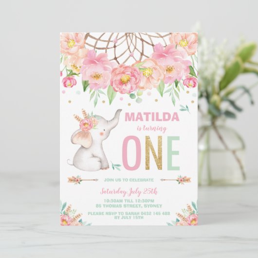 Olifant 1e Verjaardag Boho Roze Bloemen Meisje Kaart (Staand voorkant)