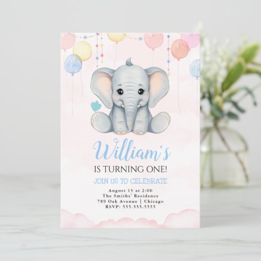 Olifant 1e verjaardag jongen uitnodiging (Staand voorkant)