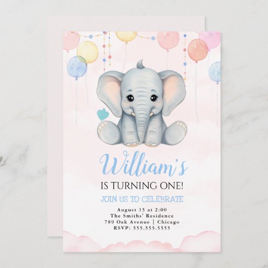 Olifant 1e verjaardag jongen uitnodiging (Voorkant / Achterkant)