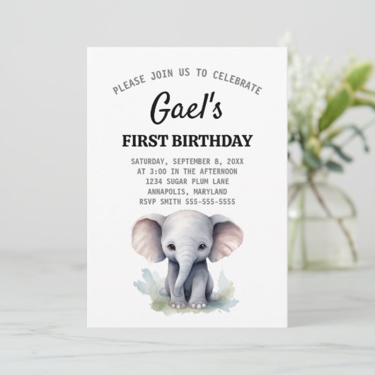 Olifant 1e verjaardag jongen uitnodiging (Staand voorkant)