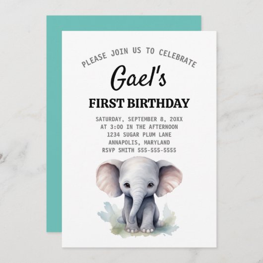 Olifant 1e verjaardag jongen uitnodiging (Voorkant / Achterkant)