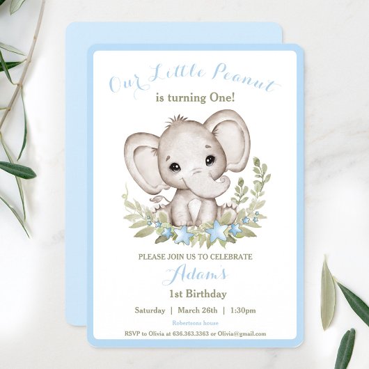 Olifant 1e verjaardag jongen uitnodiging aangepast