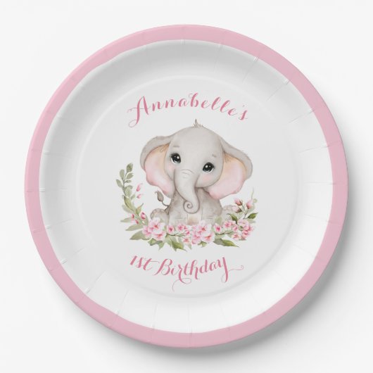 Olifant 1e verjaardag meisje aangepaste leeftijd r papieren bordje (Voorkant)