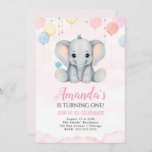 Olifant 1e verjaardag meisje uitnodiging (Voorkant / Achterkant)