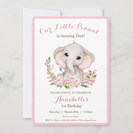 Olifant 1e verjaardag meisje uitnodiging aangepast (Voorkant)