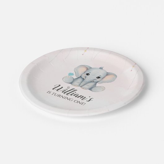 Olifant 1e verjaardag papieren bordje (Gekanteld)