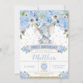 Olifant 1e verjaardag Uitnodiging Jongen Blauw Blo (Voorkant)