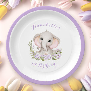 Olifant 1e Verjaardags Meisje Bloemen Paarse Lente Papieren Bordje