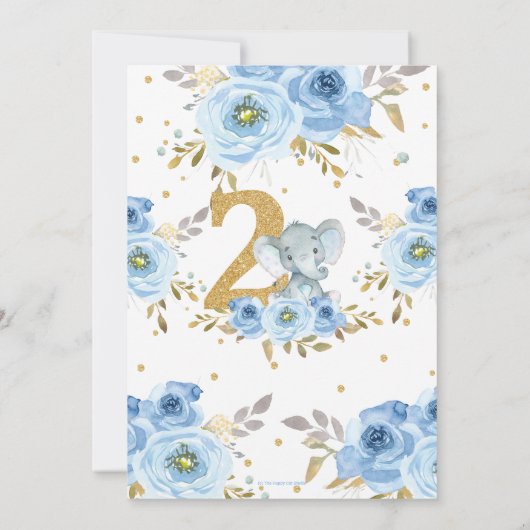 Olifant 2e Verjaardag Blauwe Bloemen Twee Kaart (Achterkant)
