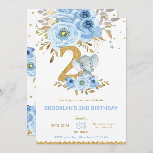 Olifant 2e Verjaardag Blauwe Bloemen Twee Kaart (Voorkant / Achterkant)