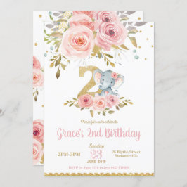 Olifant 2e Verjaardag Uitnodiging Meisje Pink Flor