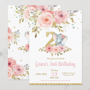 Olifant 2e Verjaardag Uitnodiging Meisje Pink Flor