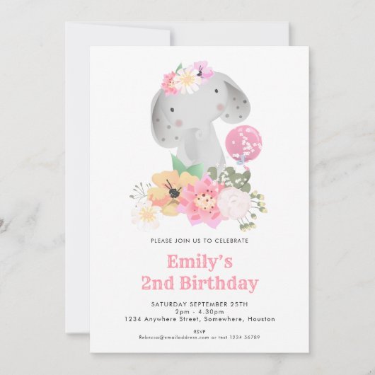 Olifant 2e Verjaardags Meisje Oerwoud Roze Feest Kaart (Voorkant)