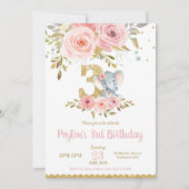 Olifant 3e Verjaardag Uitnodiging Meisje Pink Flor (Voorkant)