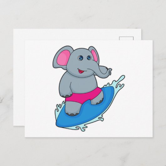 Olifant als surfer met surfplank briefkaart (Voorkant / Achterkant)