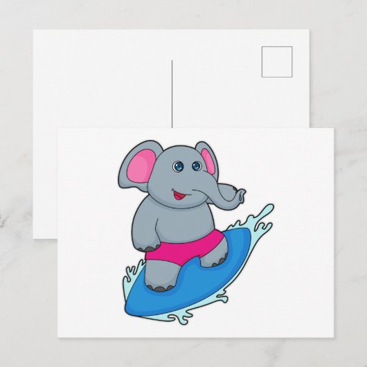 Olifant als surfer met surfplank briefkaart (Voorkant / Achterkant)