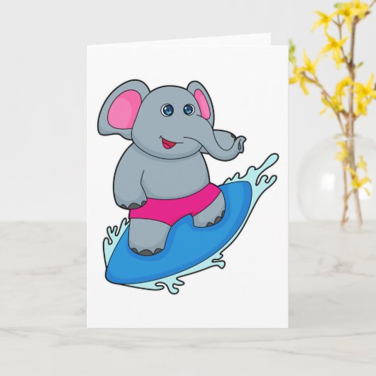 Olifant als surfer met surfplank kaart (Gele Bloem)