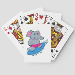 Olifant als surfer met surfplank pokerkaarten