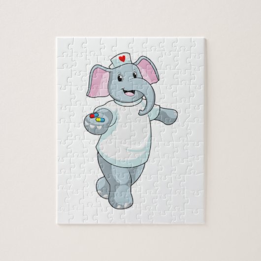 Olifant als verpleegster met medicijnen legpuzzel (Verticaal)