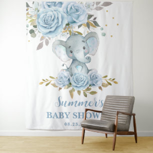 Olifant Baby Blauwe Bloemachtige Baby Shower Achte Wandkleed
