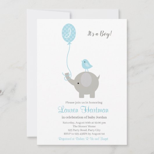 Olifant Baby Boy Douche Uitnodigingen met Ballon (Voorkant)