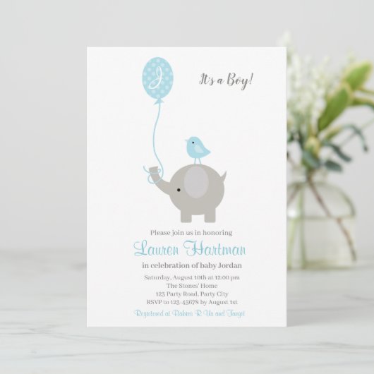 Olifant Baby Boy Douche Uitnodigingen met Ballon (Staand voorkant)