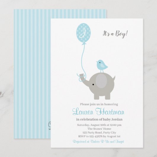 Olifant Baby Boy Douche Uitnodigingen met Ballon (Voorkant / Achterkant)