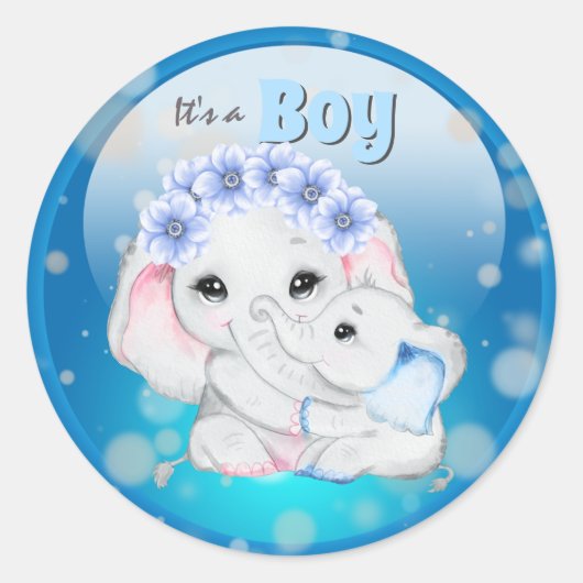 Olifant baby jongen met moeder het is een jongen ronde sticker (Voorkant)