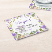 Olifant Baby Meisje Douche Lavendel Bloemen Glas Kartonnen Onderzetters (Schuin)