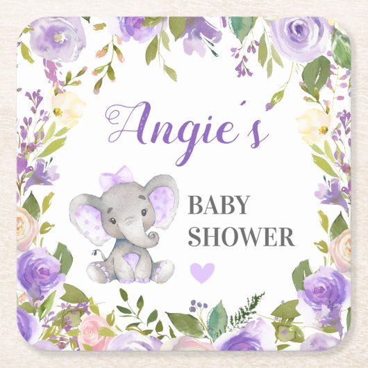 Olifant Baby Meisje Douche Lavendel Bloemen Glas Kartonnen Onderzetters (Voorkant)