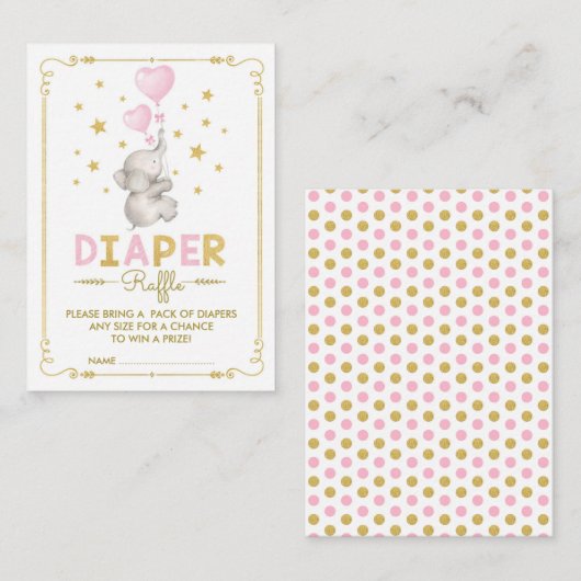 Olifant Baby Meisje Luier Raffle Roze Gouden Sterr Informatiekaartje (Voorkant / Achterkant)