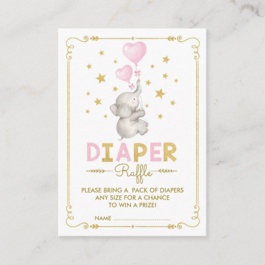 Olifant Baby Meisje Luier Raffle Roze Gouden Sterr Informatiekaartje (Voorkant)