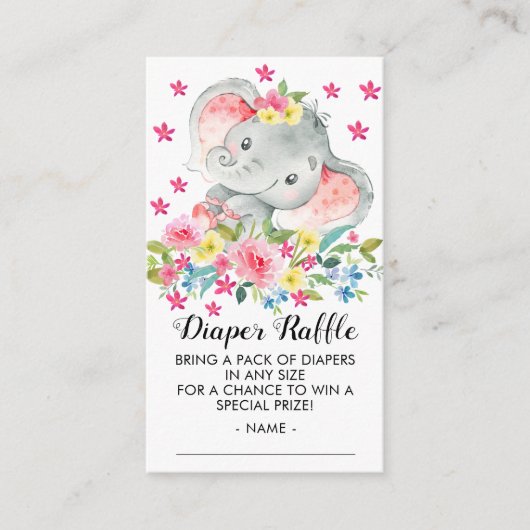 Olifant Baby Meisjes Douche Luier Raffle Ticket Informatiekaartje (Voorkant)