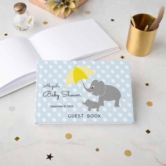Olifant & Baby, Paraplu, Blauw Baby shower Gastenboek (Voorkant open)
